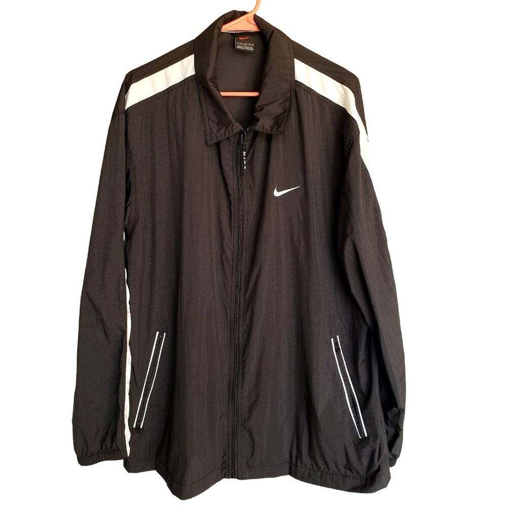 Vtg Nike Mens L Windbreaker Jacket Black Sporty Full-Zip Lightweight Swoosh